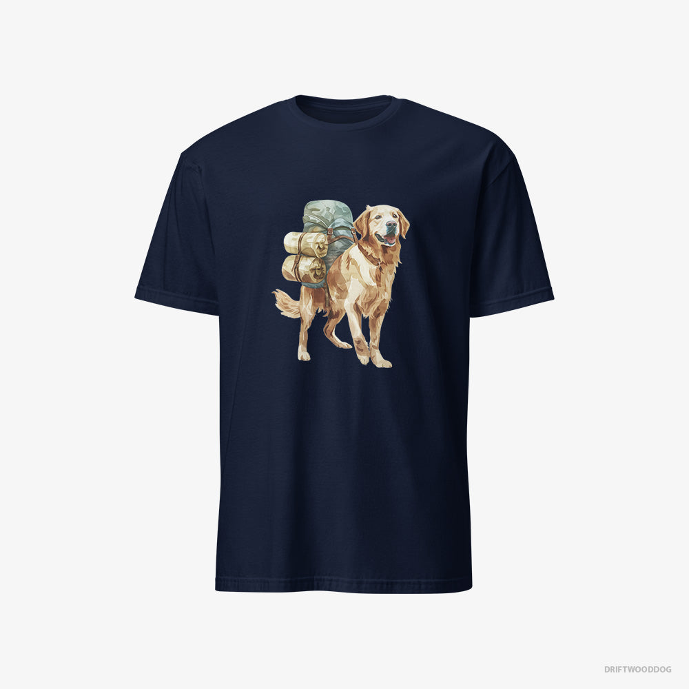 Golden Retriever T-Shirt – Men Navy T-Shirt Classic – Wandering with a Backpack (on White Background)