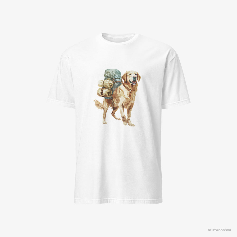 Golden Retriever T-Shirt – Men White T-Shirt Classic – Wandering with a Backpack (on White Background)