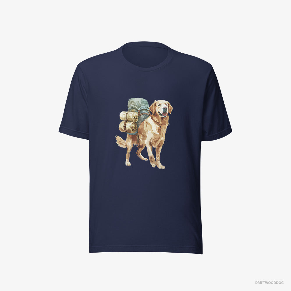 Golden Retriever T-Shirt – Women Navy T-Shirt Eco-Friendly – Wandering with a Backpack (on White Background)