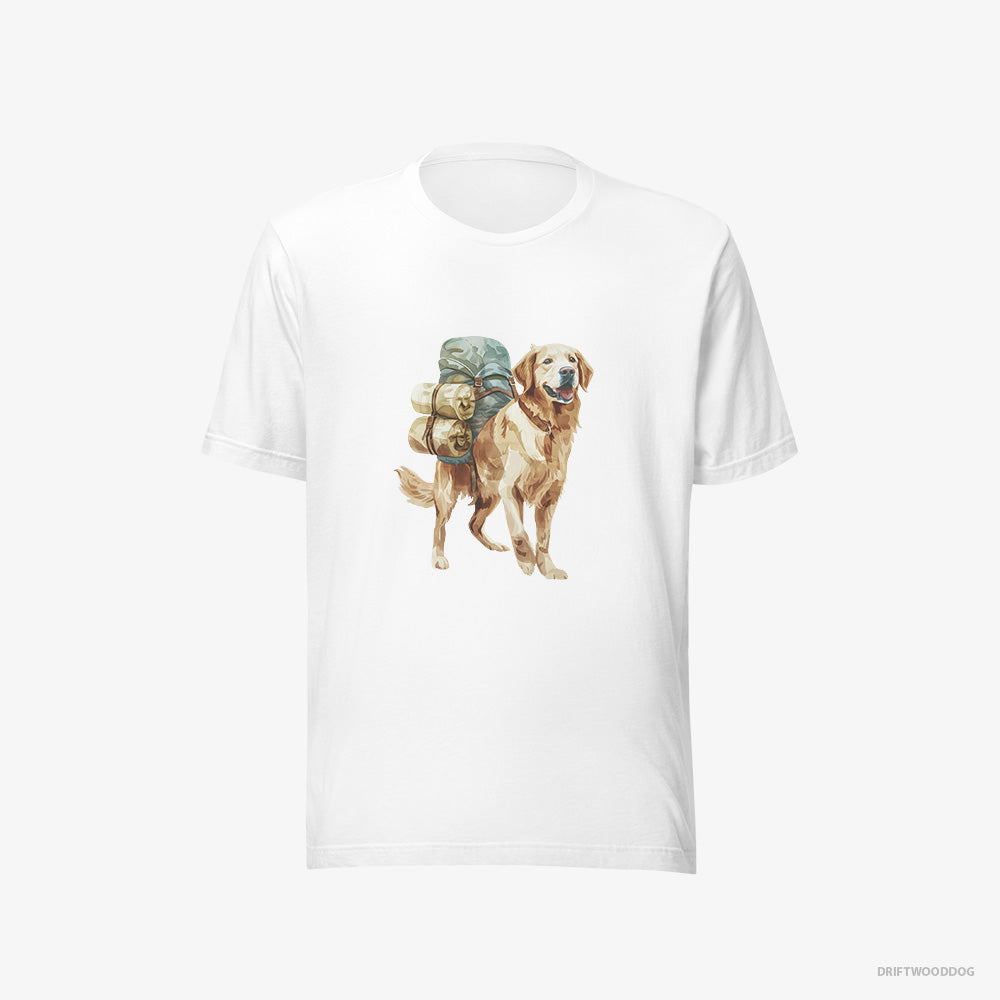 Golden Retriever T-Shirt – Men White T-Shirt Eco-Friendly – Wandering with a Backpack (on White Background)