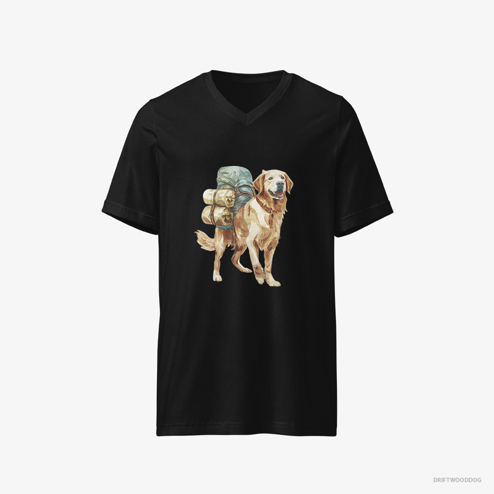 Golden Retriever T-Shirt – Men Black T-Shirt V-Neck – Wandering with a Backpack (on White Background)