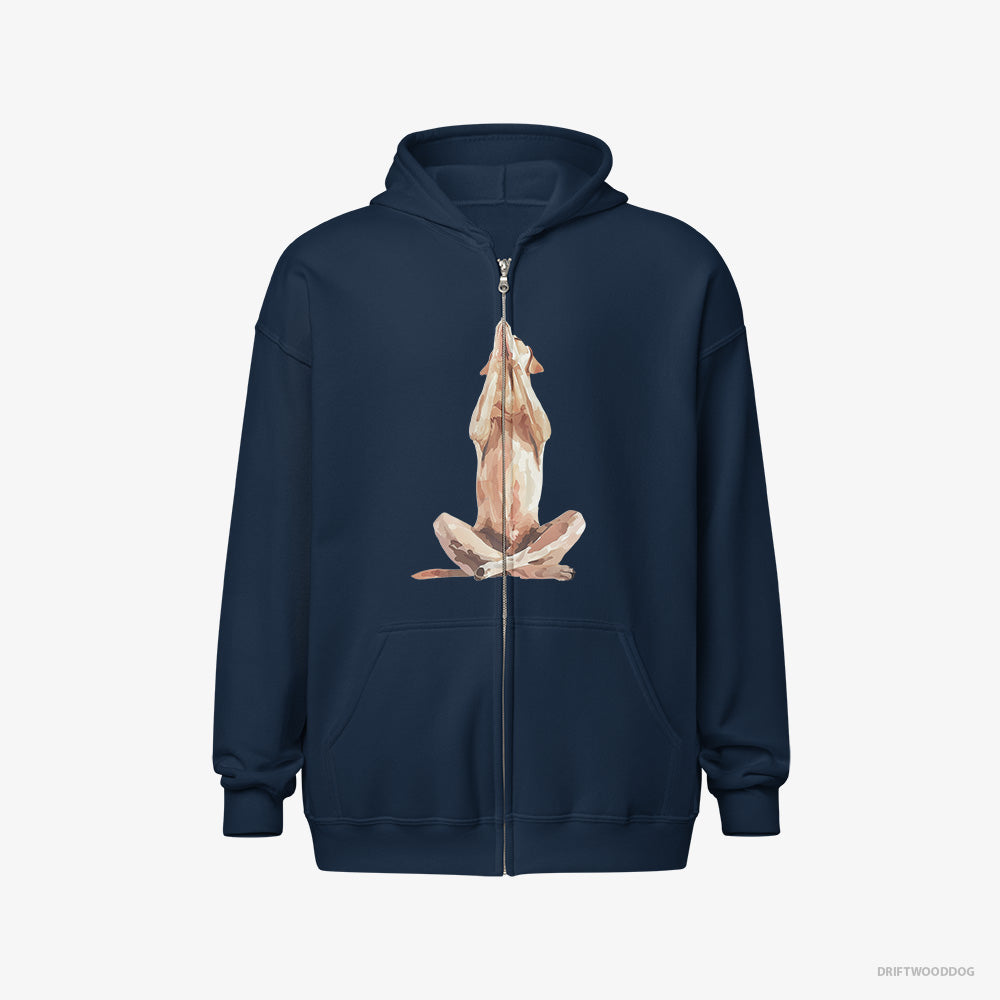 Labrador Retriever Hoodie – Men Navy Hoodie Full-Zip – Doing Yoga (on White Background)