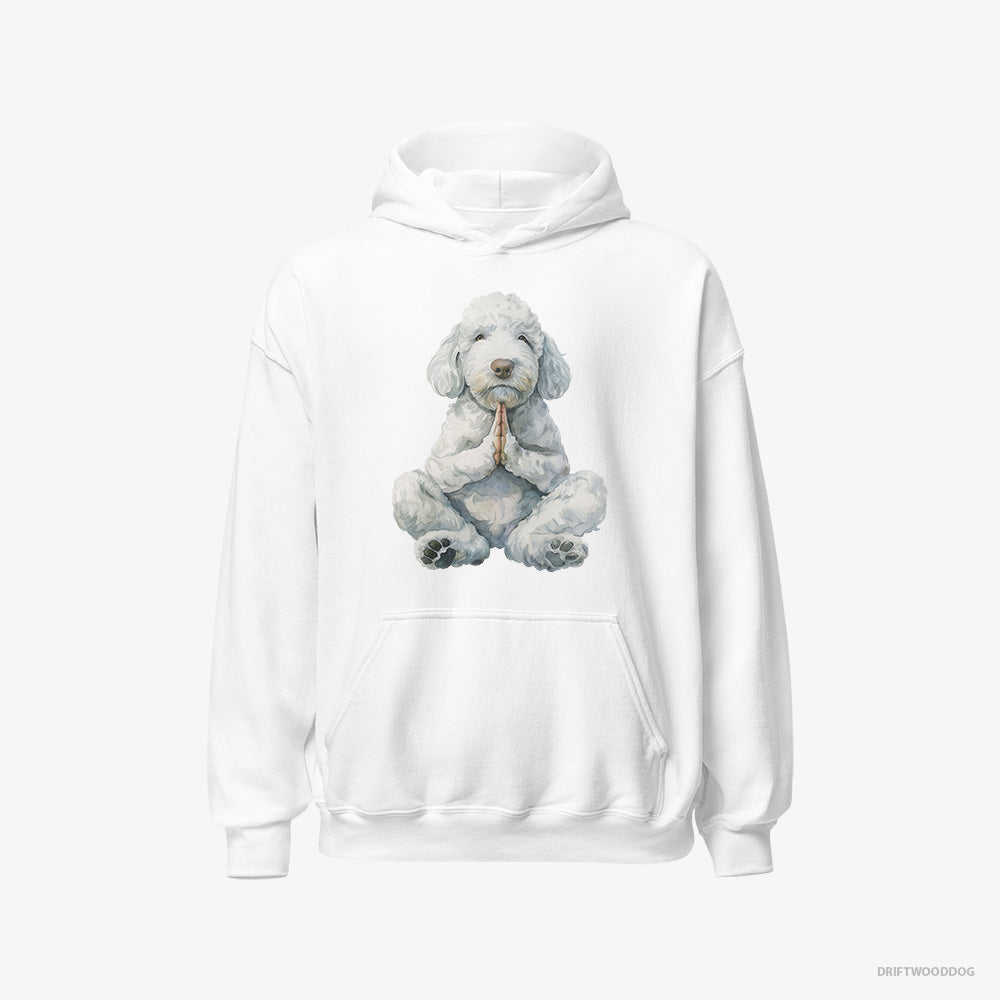 Poodle Hoodie – Women White Hoodie Classic – Having Yoga Session (on White Background)