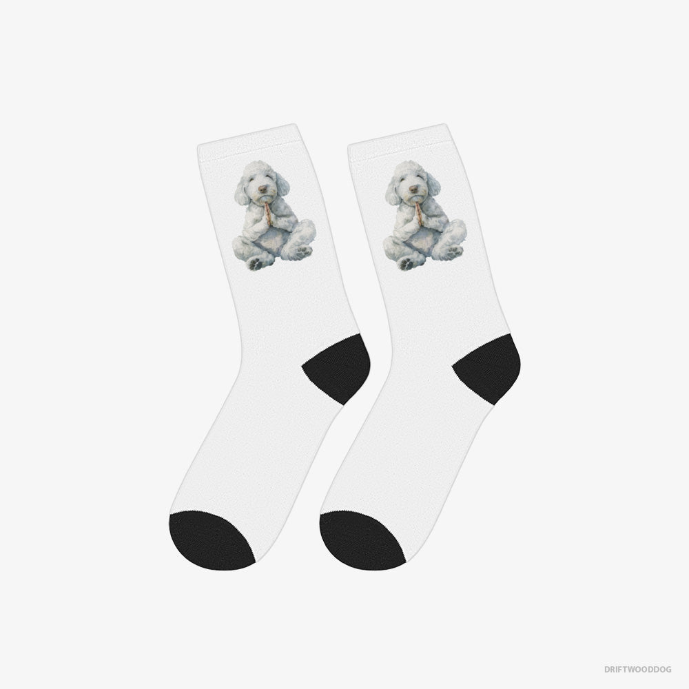 Poodle Socks – Unisex White Socks Classic – Having Yoga Session (on White Background)