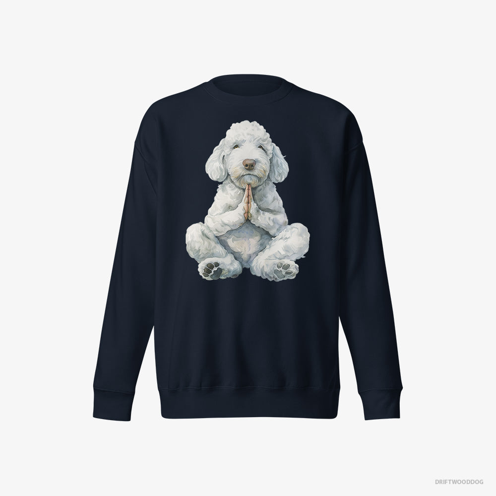 Poodle Sweatshirt – Women Navy Sweatshirt Eco-Friendly – Having Yoga Session (on White Background)