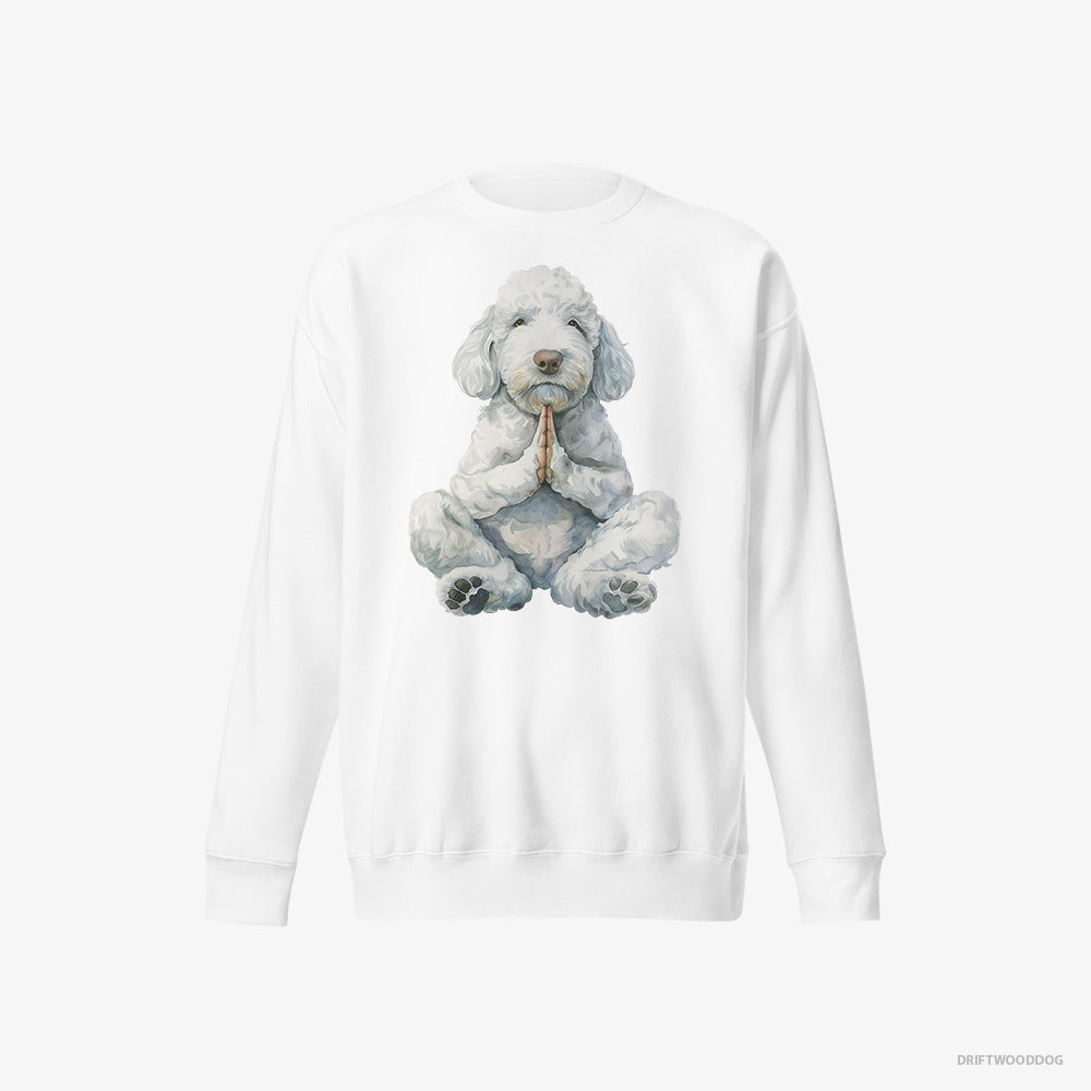 Poodle Sweatshirt – Men White Sweatshirt Eco-Friendly – Having Yoga Session (on White Background)