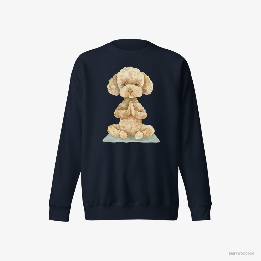 Poodle Sweatshirt – Women Navy Sweatshirt Eco-Friendly – Doing Yoga (on White Background)