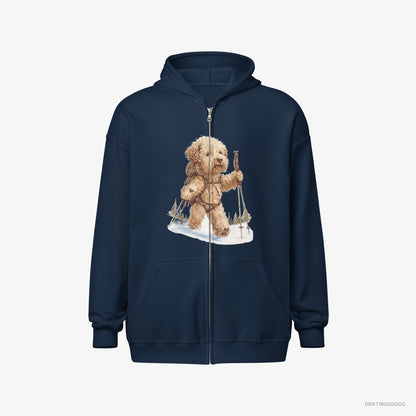 Poodle Hoodie – Men Navy Hoodie Full-Zip – Hiking in Winter (on White Background)