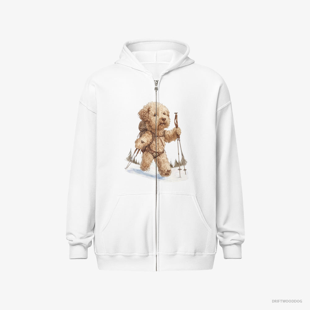 Poodle Hoodie – Men White Hoodie Full-Zip – Hiking in Winter (on White Background)