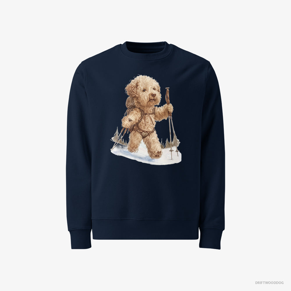 Poodle Sweatshirt – Men Navy Sweatshirt Classic – Hiking in Winter (on White Background)