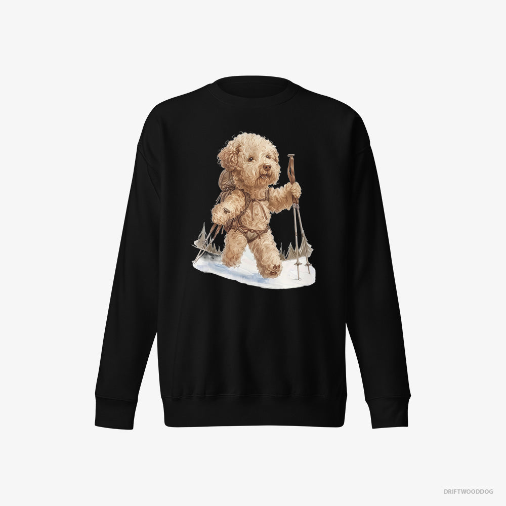 Poodle Sweatshirt – Women Black Sweatshirt Eco-Friendly – Hiking in Winter (on White Background)