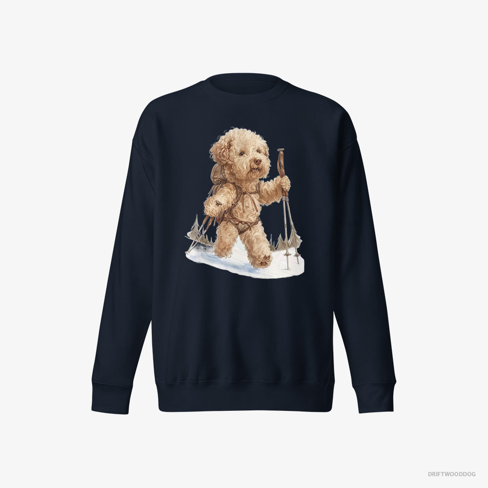 Poodle Sweatshirt – Women Navy Sweatshirt Eco-Friendly – Hiking in Winter (on White Background)