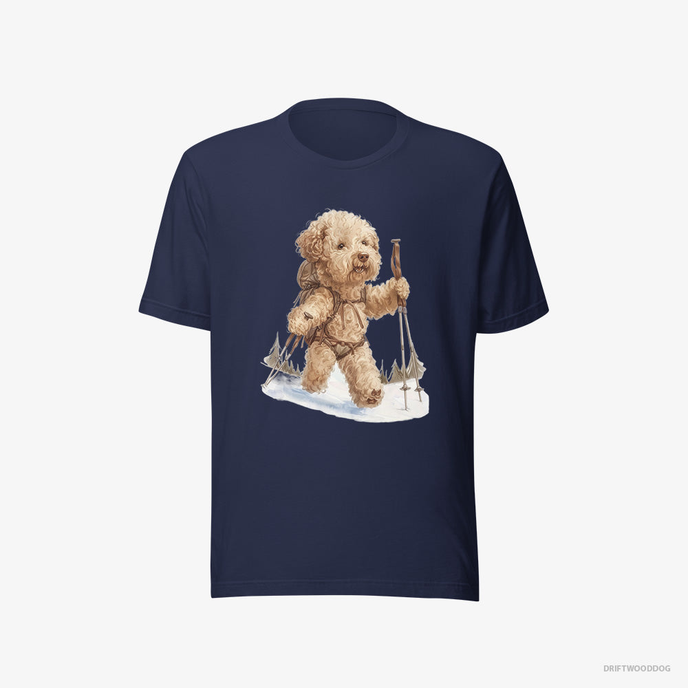 Poodle T-Shirt – Women Navy T-Shirt Eco-Friendly – Hiking in Winter (on White Background)