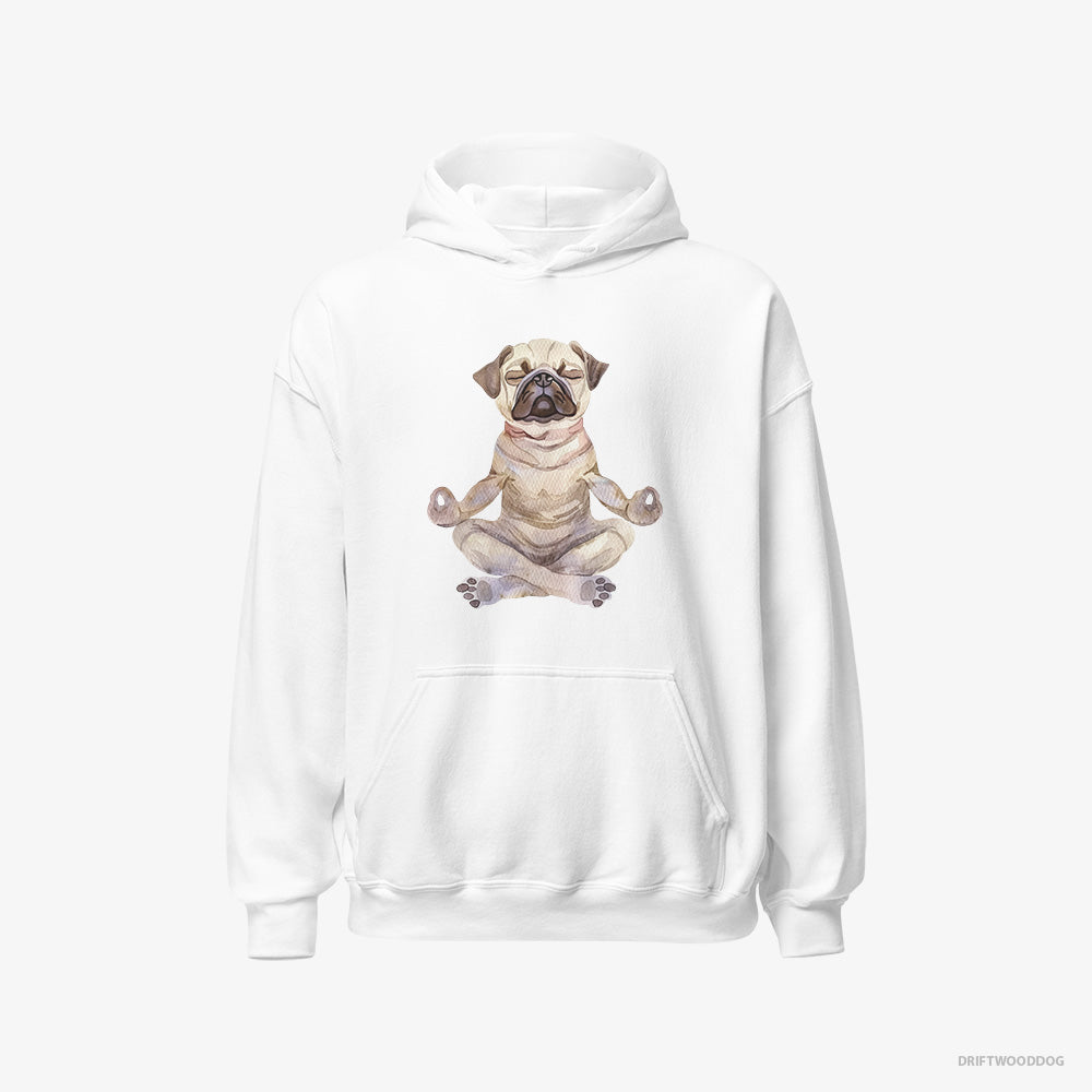 Pug Hoodie – Women White Hoodie Classic – Doing Yoga (on White Background)