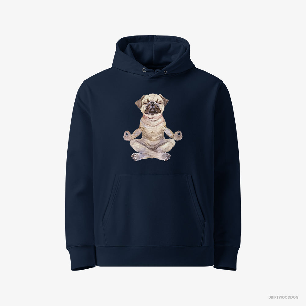 Pug Hoodie – Women Navy Hoodie Eco-Friendly – Doing Yoga (on White Background)