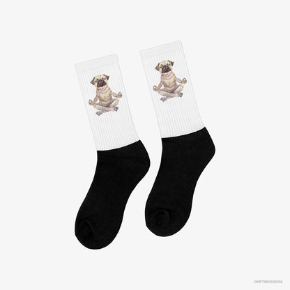 Pug Doing Yoga White and Black Socks