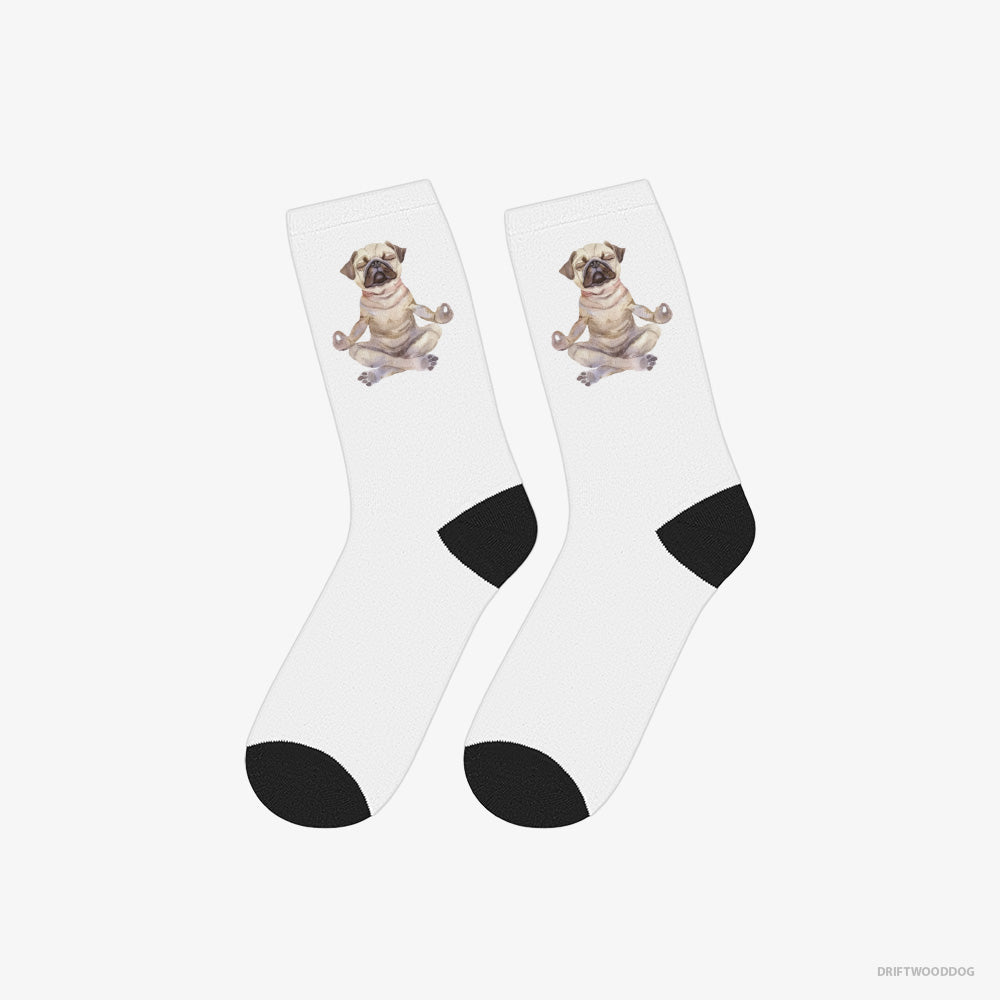 Pug Socks – Unisex White Socks Classic – Doing Yoga (on White Background)