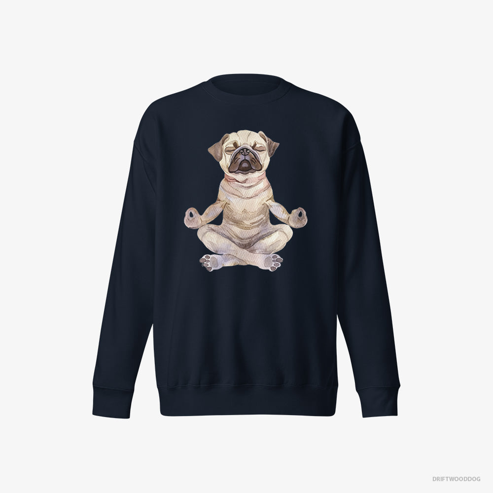 Pug Sweatshirt – Men Navy Sweatshirt Eco-Friendly – Doing Yoga (on White Background)