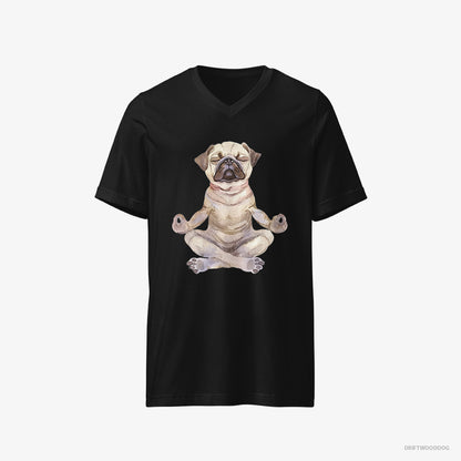 Pug T-Shirt – Men Black T-Shirt V-Neck – Doing Yoga (on White Background)