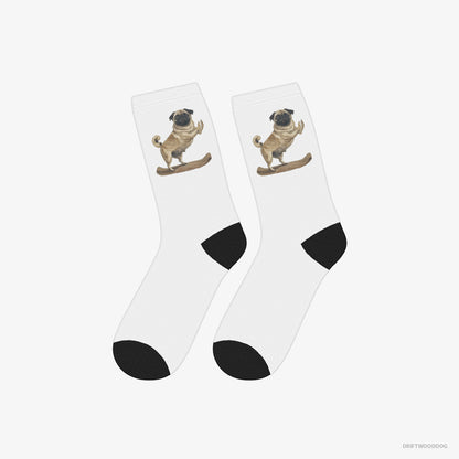 Pug Socks – Unisex White Socks Classic – Having Yoga Session (on White Background)