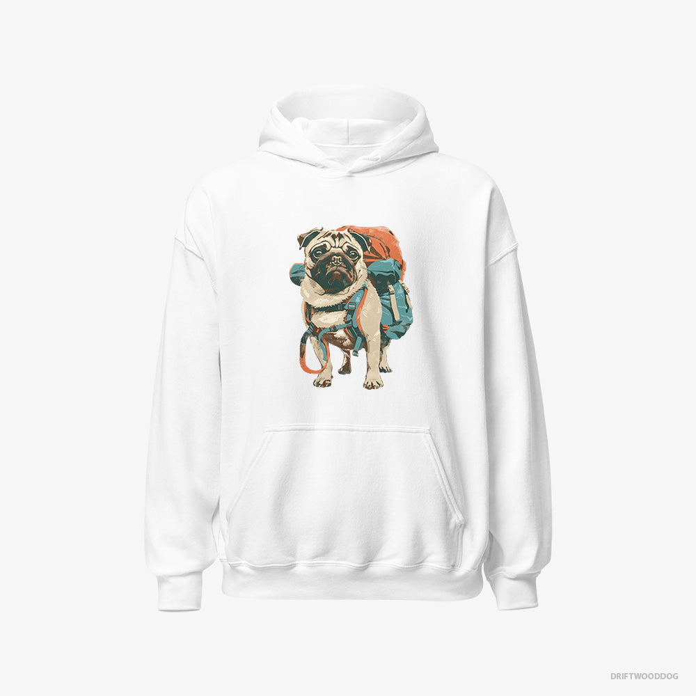 Pug Hoodie – Women White Hoodie Classic – with a Rucksack (on White Background)