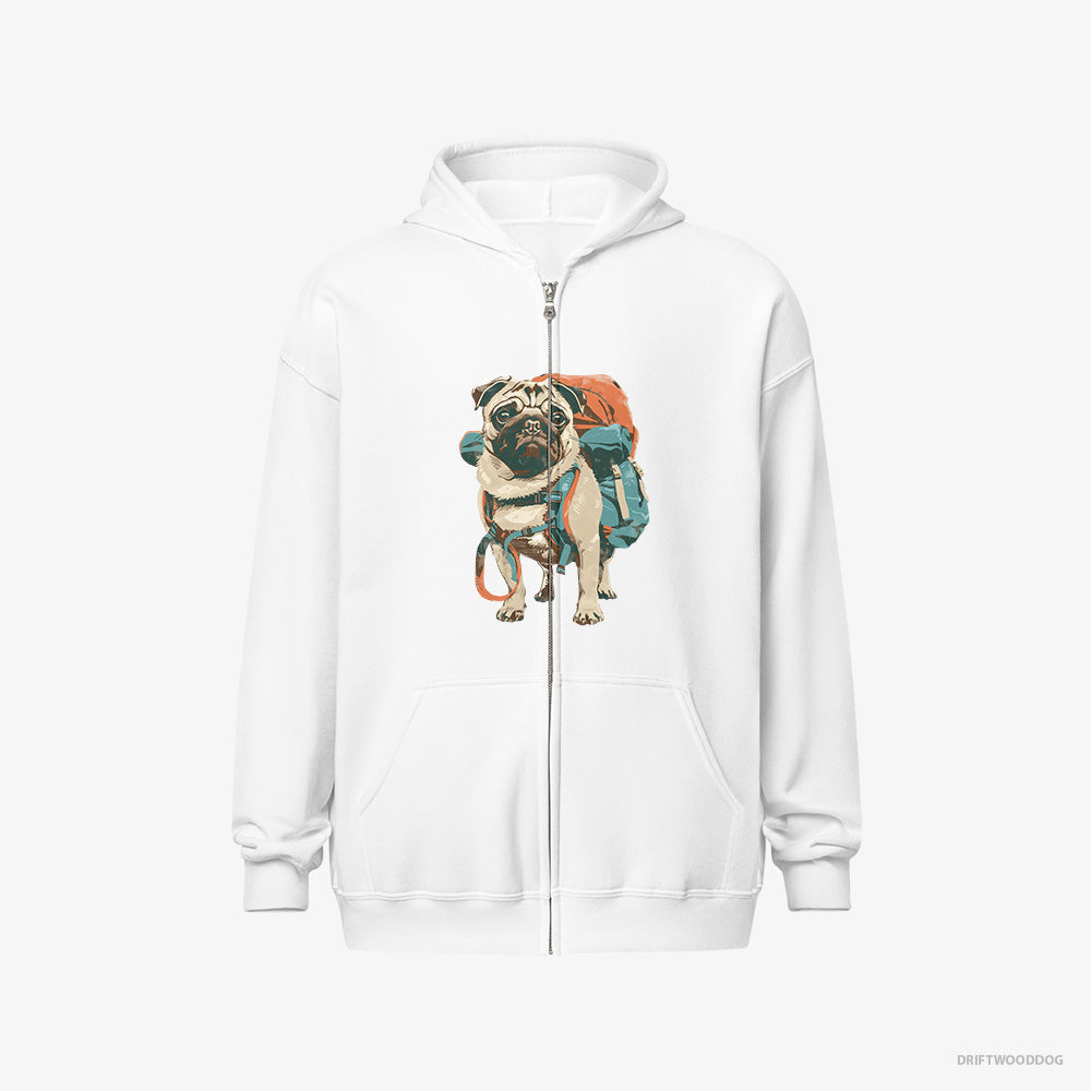 Pug Hoodie – Women White Hoodie Full-Zip – with a Rucksack (on White Background)