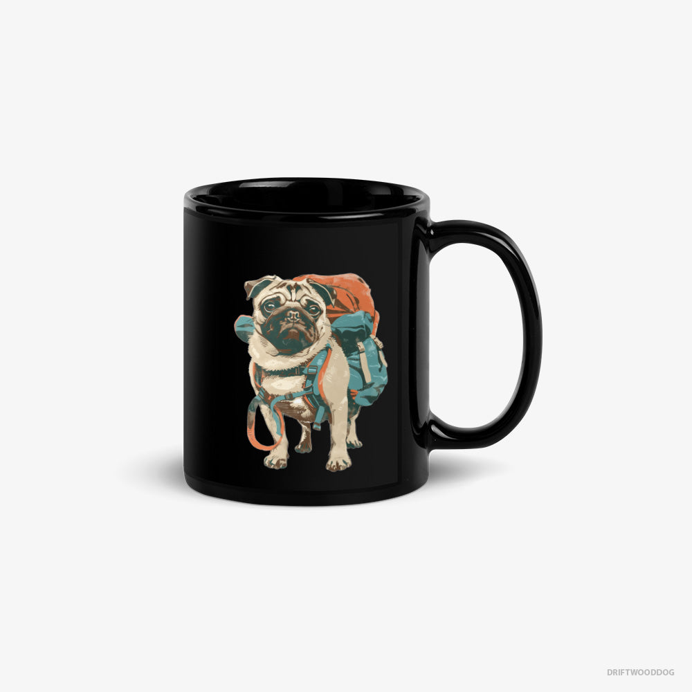 Pug Mug – Unisex Black Mug Classic – with a Rucksack (on White Background)