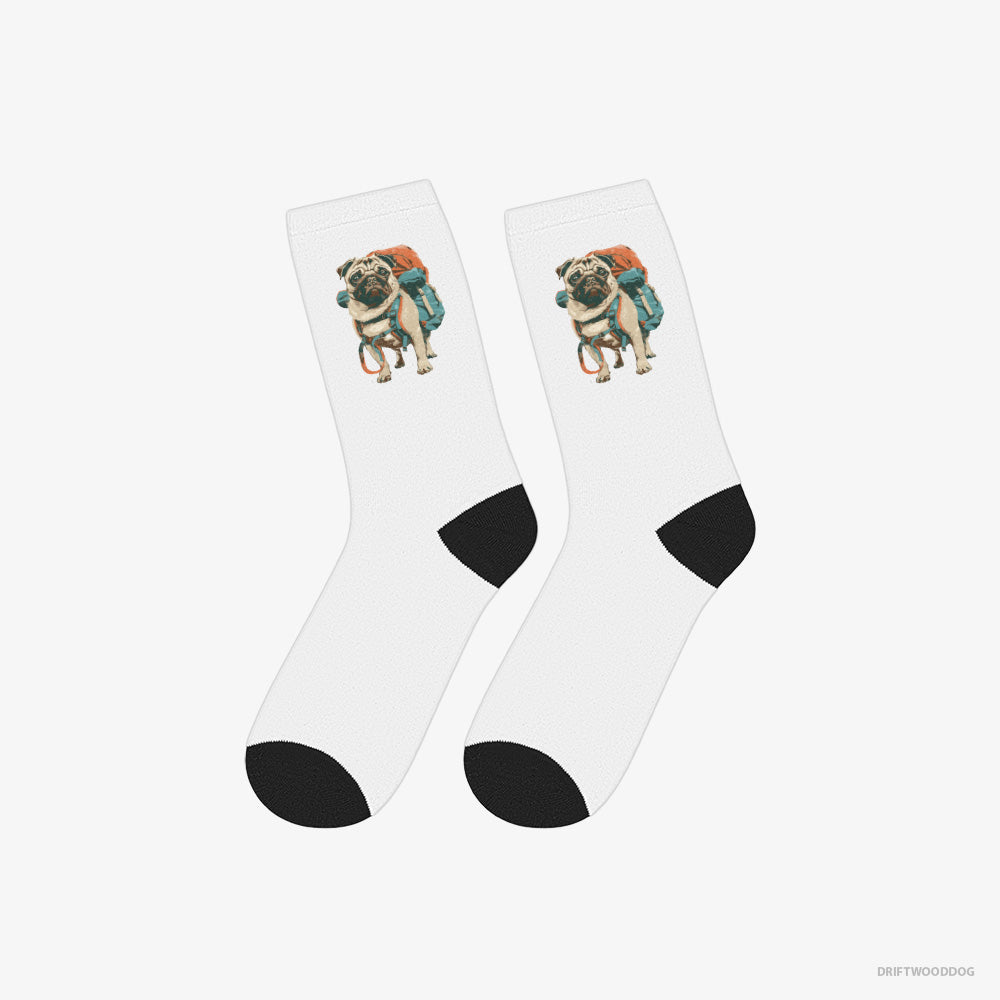 Pug Socks – Unisex White Socks Classic – with a Rucksack (on White Background)