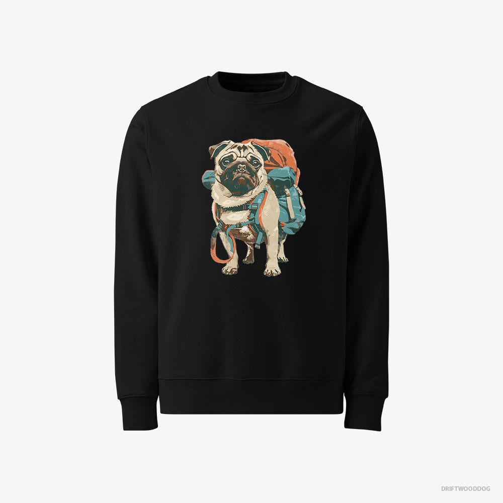 Pug Sweatshirt – Women Black Sweatshirt Classic – with a Rucksack (on White Background)