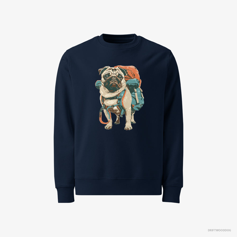 Pug Sweatshirt – Men Navy Sweatshirt Classic – with a Rucksack (on White Background)