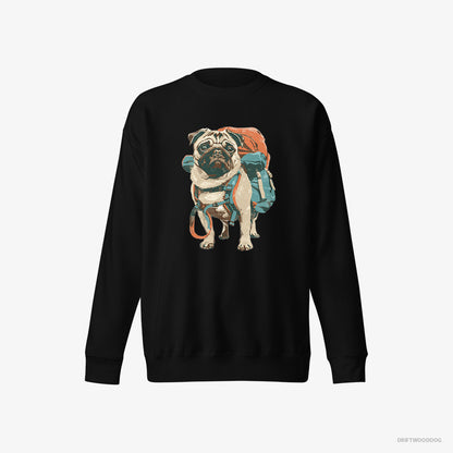 Pug Sweatshirt – Women Black Sweatshirt Eco-Friendly – with a Rucksack (on White Background)