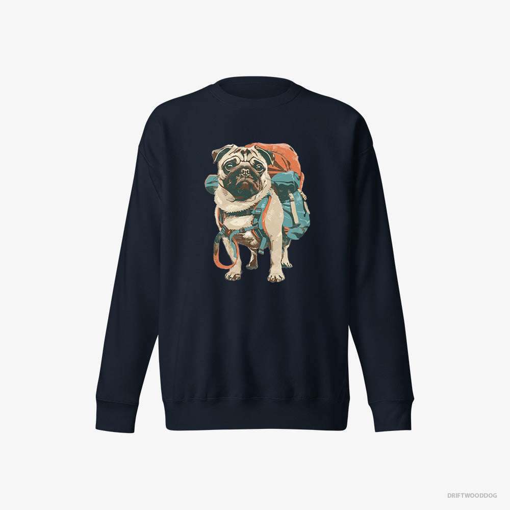 Pug Sweatshirt – Women Navy Sweatshirt Eco-Friendly – with a Rucksack (on White Background)