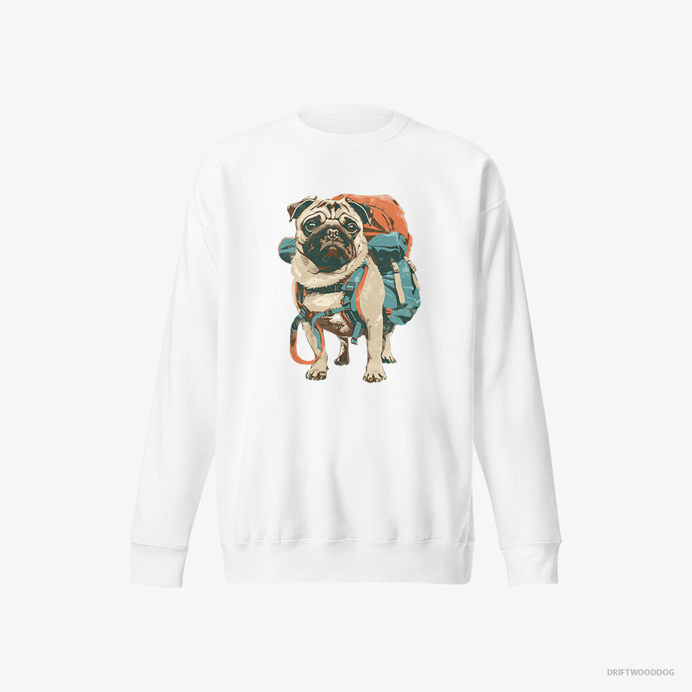 Pug Sweatshirt – Women White Sweatshirt Eco-Friendly – with a Rucksack (on White Background)