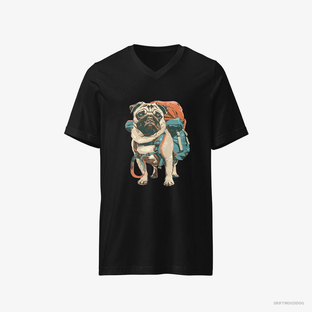 Pug T-Shirt – Men Black T-Shirt V-Neck – with a Rucksack (on White Background)