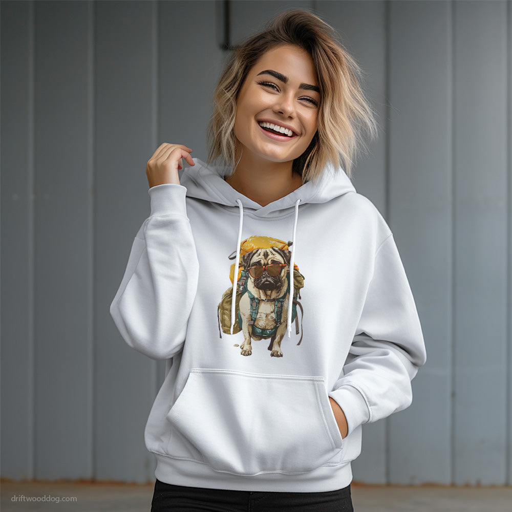 Pug with a Backpack and Sunglasses Hoodie – Dog Graphic Hoodie for Women