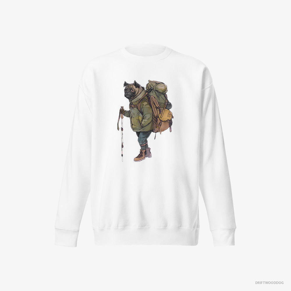 Pug Sweatshirt – Women White Sweatshirt Eco-Friendly – Hiking (on White Background)