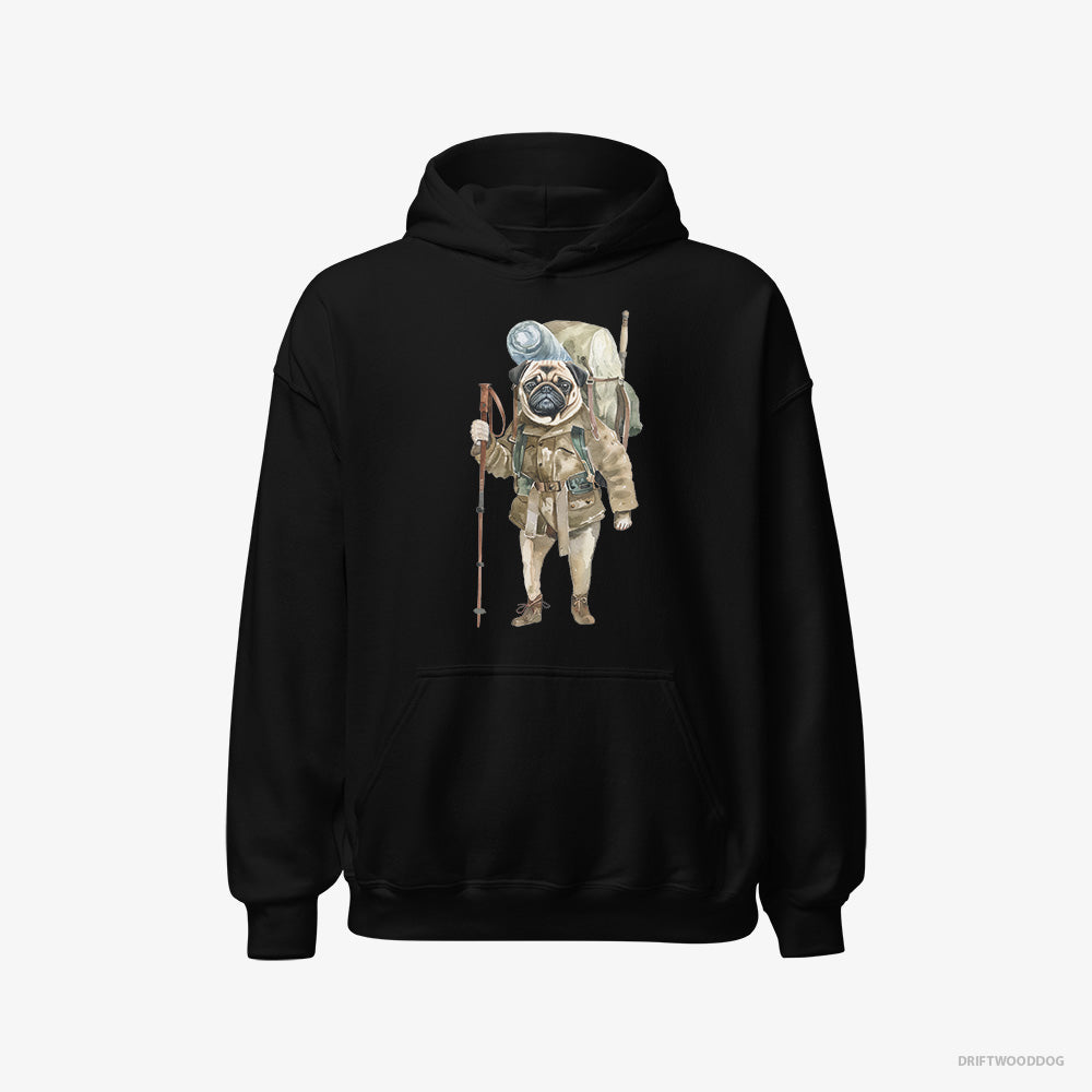 Pug Hoodie – Men Black Hoodie Classic – Wandering with a Backpack (on White Background)