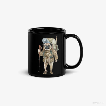 Pug Mug – Unisex Black Mug Classic – Wandering with a Backpack (on White Background)