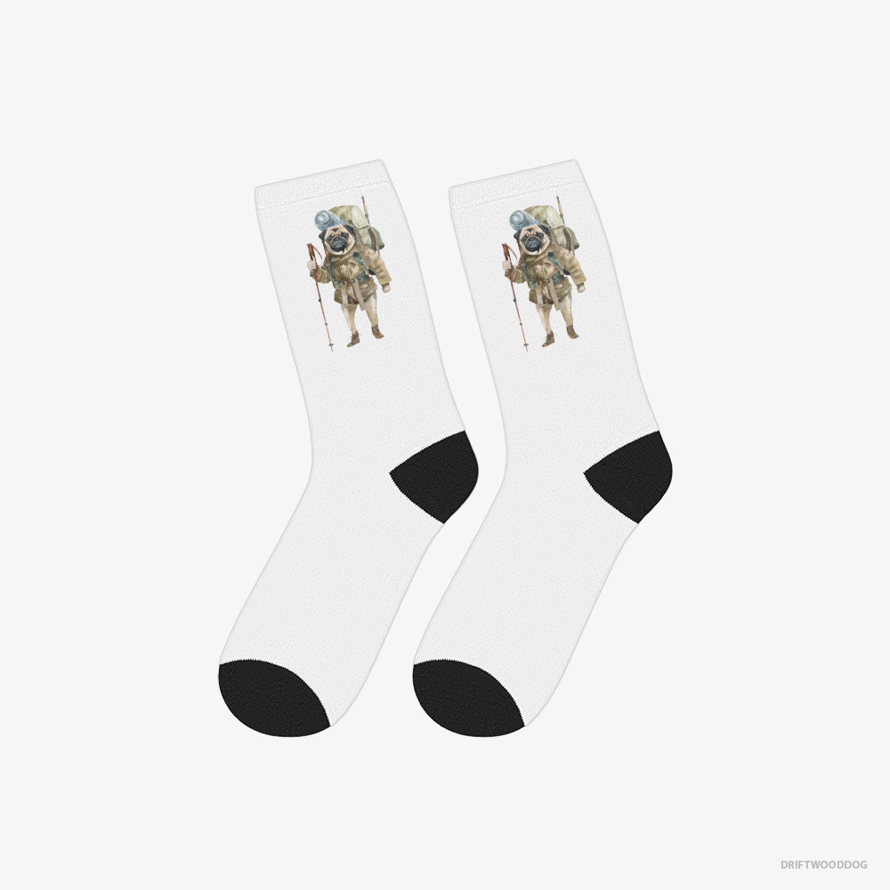 Pug Socks – Unisex White Socks Classic – Wandering with a Backpack (on White Background)