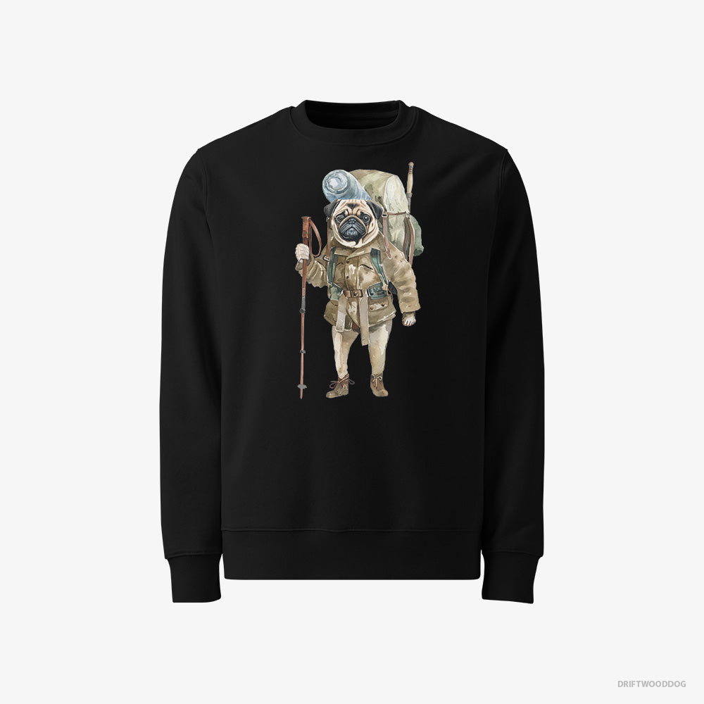 Pug Sweatshirt – Men Black Sweatshirt Classic – Wandering with a Backpack (on White Background)