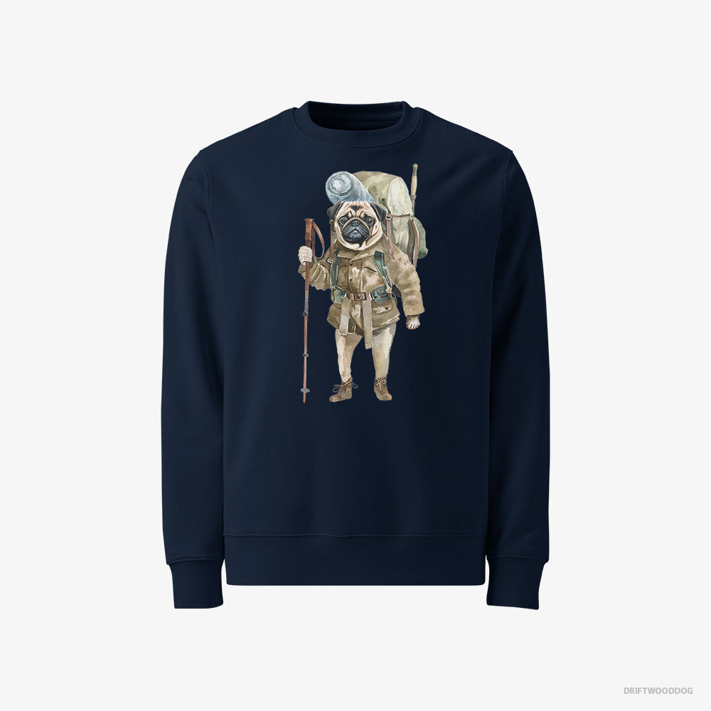 Pug Sweatshirt – Men Navy Sweatshirt Classic – Wandering with a Backpack (on White Background)