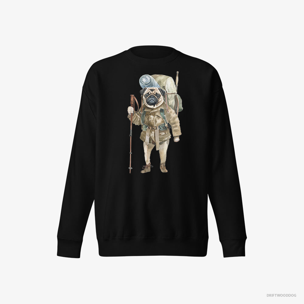 Pug Sweatshirt – Men Black Sweatshirt Eco-Friendly – Wandering with a Backpack (on White Background)