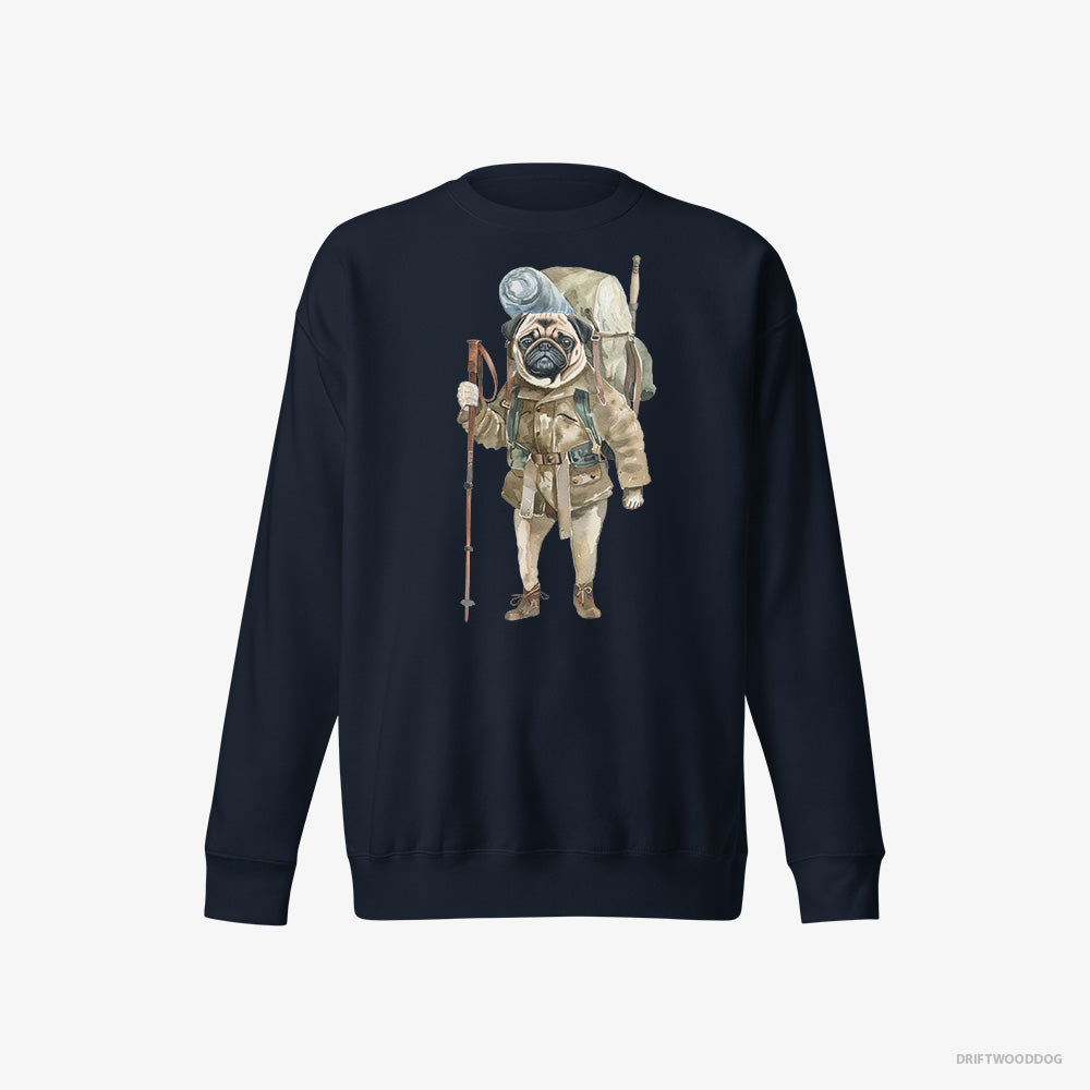 Pug Sweatshirt – Men Navy Sweatshirt Eco-Friendly – Wandering with a Backpack (on White Background)