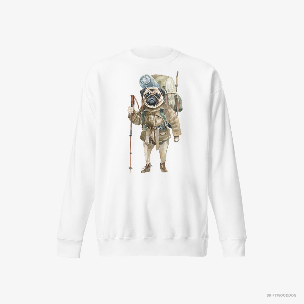 Pug Sweatshirt – Women White Sweatshirt Eco-Friendly – Wandering with a Backpack (on White Background)