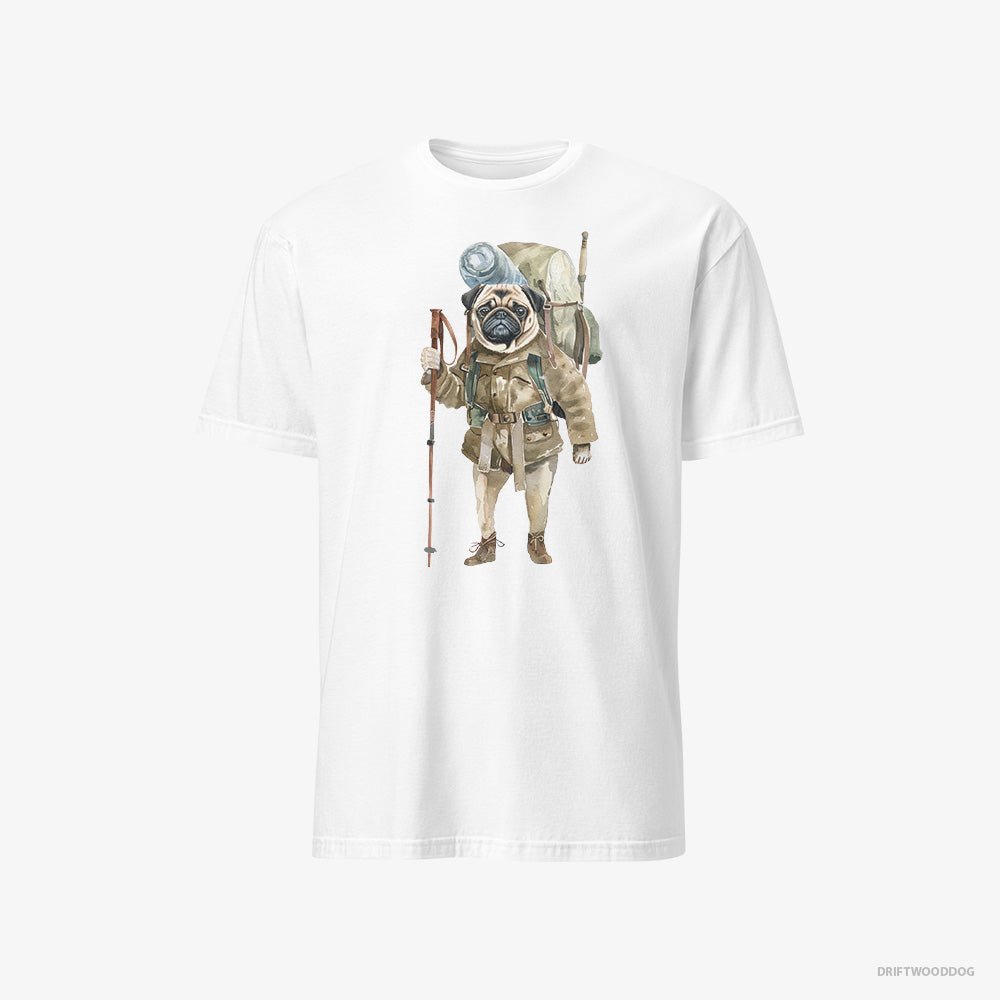 Pug T-Shirt – Men White T-Shirt Classic – Wandering with a Backpack (on White Background)