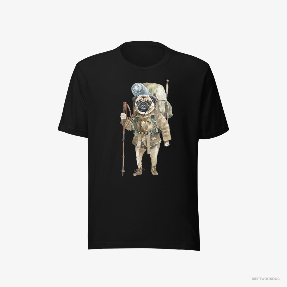 Pug T-Shirt – Women Black T-Shirt Eco-Friendly – Wandering with a Backpack (on White Background)