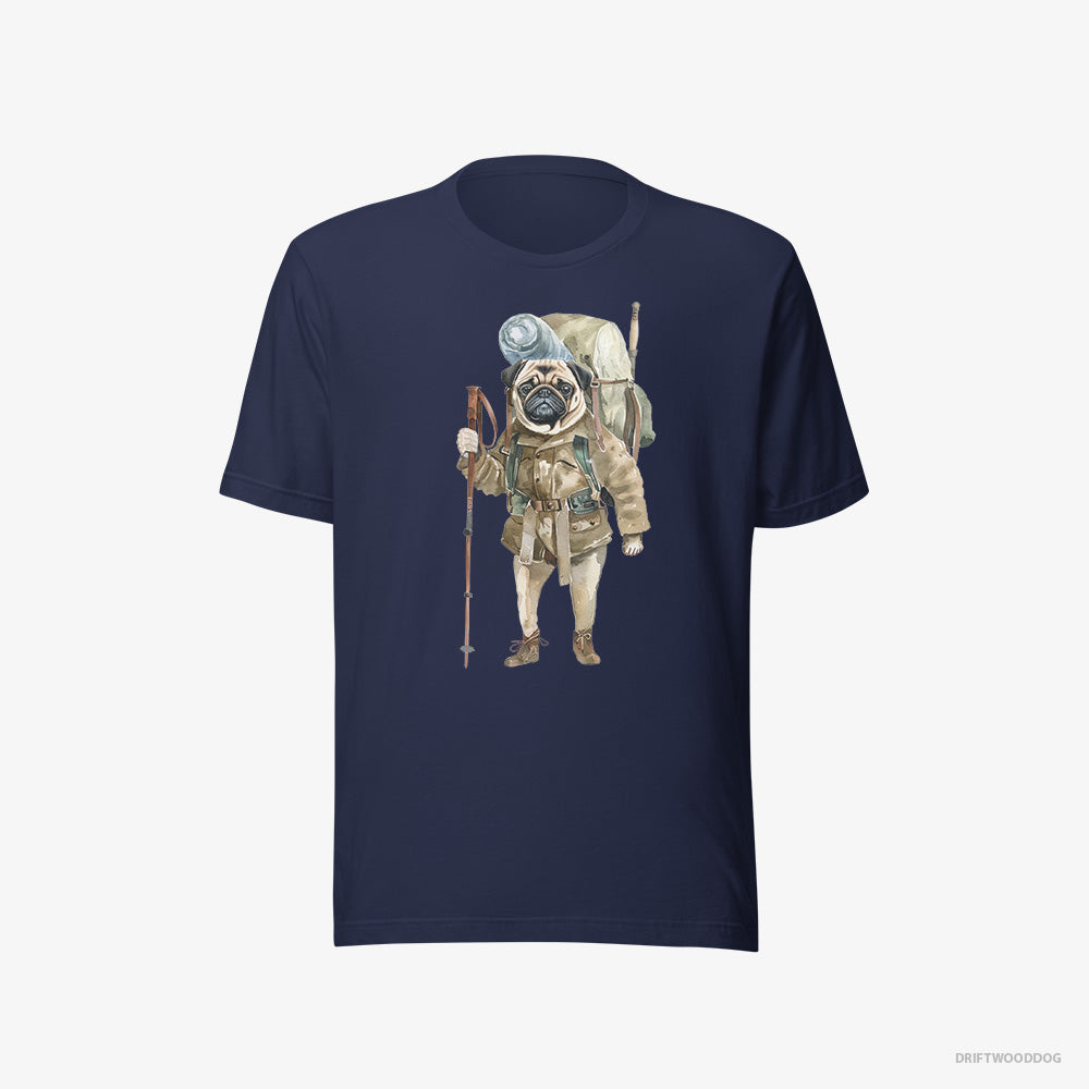 Pug T-Shirt – Men Navy T-Shirt Eco-Friendly – Wandering with a Backpack (on White Background)