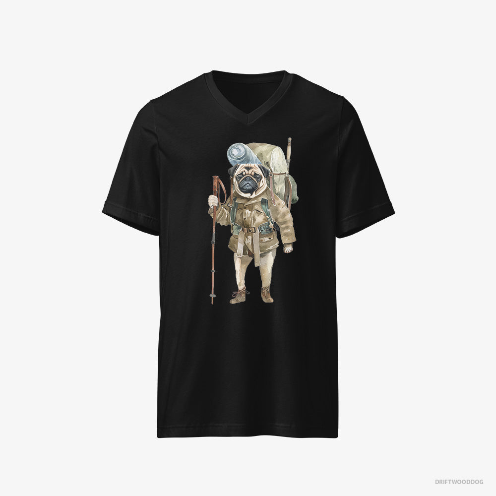 Pug T-Shirt – Men Black T-Shirt V-Neck – Wandering with a Backpack (on White Background)