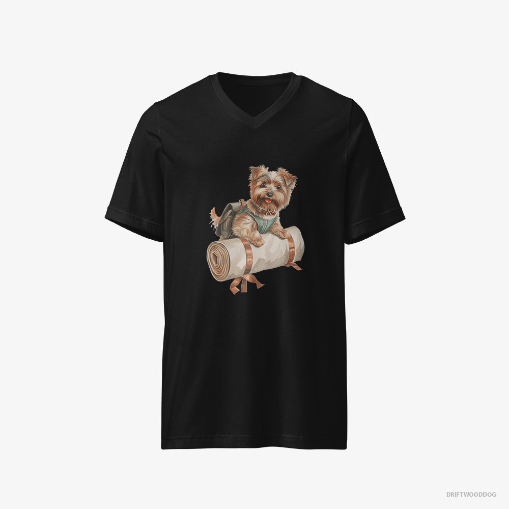 Yorkshire Terrier T-Shirt – Men Black T-Shirt V-Neck – Ready for Hiking (on White Background)