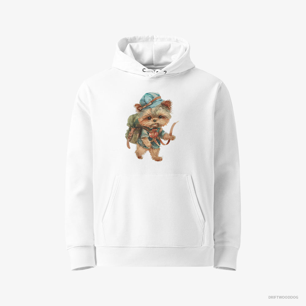 Yorkshire Terrier Hoodie – Men White Hoodie Eco-Friendly – Rambling with a Rucksack (on White Background)